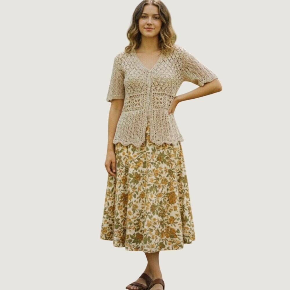 Vtg Beige Crochet Cardigan Short Sleeve Button Front Cotton Knit Top Size Small